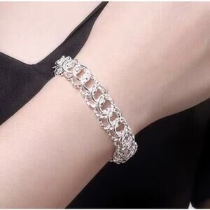 925 Silver Silver Color Double Snake Chain Bracelet w/ Cube & Heart Char 20cm